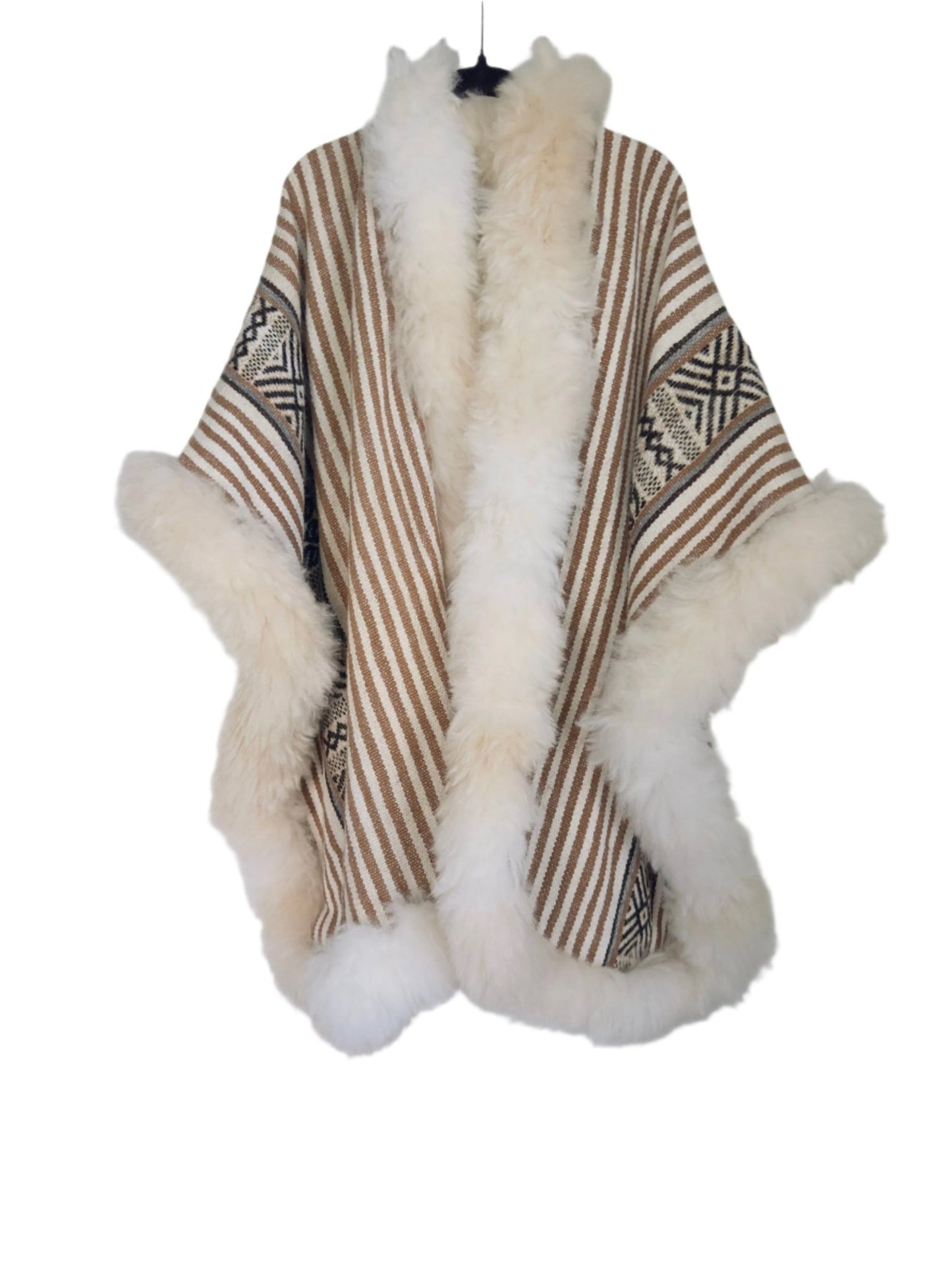 Handwoven Baby Alpaca Fur Trimmed Ruana - Katukina.US KAT6255